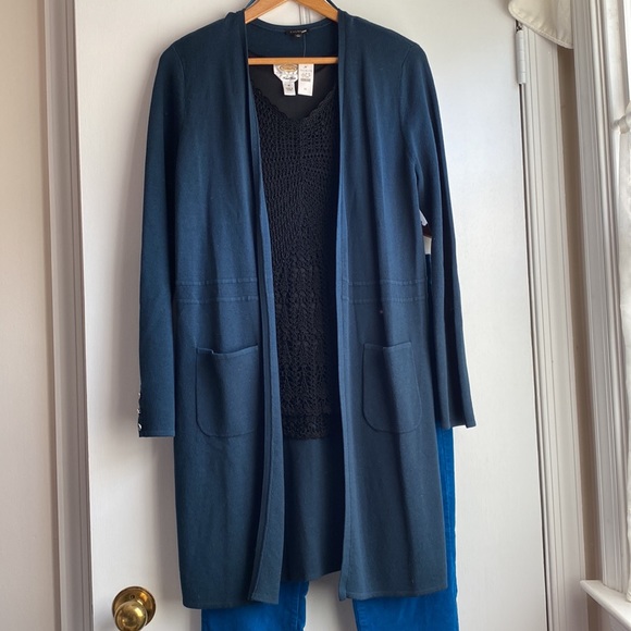 Talbots dark teal blue/green Long Line Open Cardigan patch pockets NWT size M - Picture 3 of 7